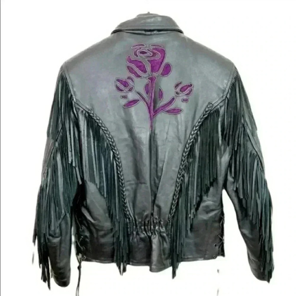 Black Leather Vintage Western Fringe Jacket with Purple Embroidery – Medium - Picture 7 of 16